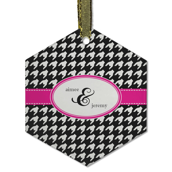 Custom Houndstooth w/Pink Accent Flat Glass Ornament - Hexagon w/ Couple's Names