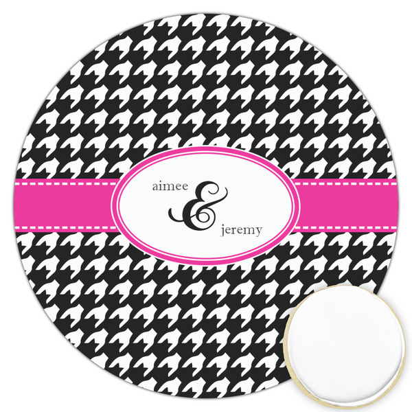 Custom Houndstooth w/Pink Accent Printed Cookie Topper - 3.25" (Personalized)