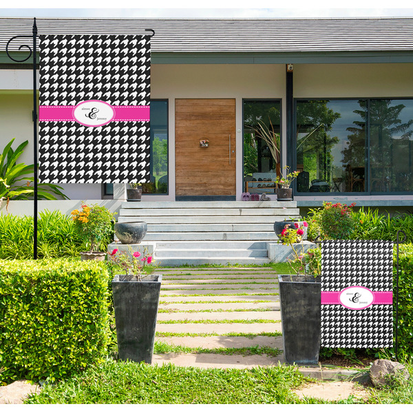 Custom Houndstooth w/Pink Accent Large Garden Flag - Double Sided (Personalized)