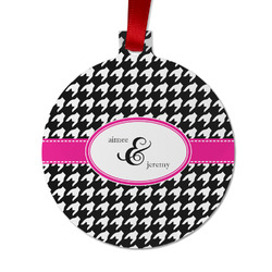 Houndstooth w/Pink Accent Metal Ball Ornament - Double Sided w/ Couple's Names