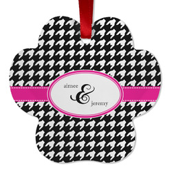 Houndstooth w/Pink Accent Metal Paw Ornament - Double Sided w/ Couple's Names