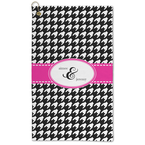 Custom Houndstooth w/Pink Accent Microfiber Golf Towel - Large (Personalized)