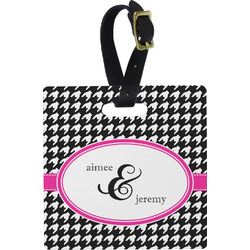 Houndstooth w/Pink Accent Plastic Luggage Tag - Square w/ Couple's Names
