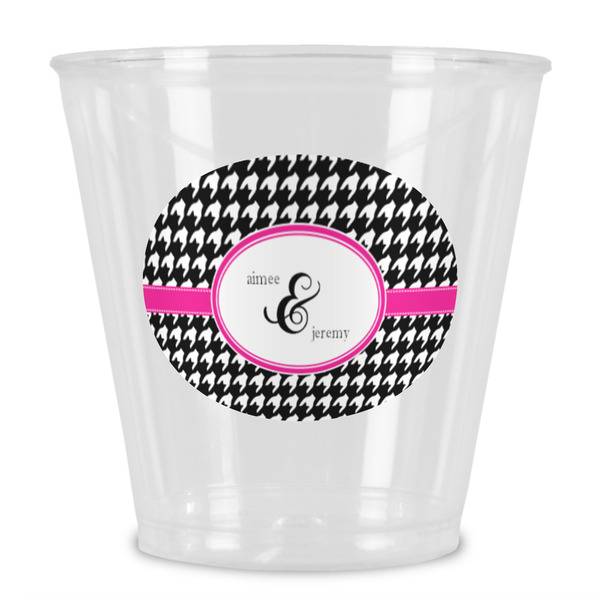 Custom Houndstooth w/Pink Accent Plastic Shot Glass (Personalized)