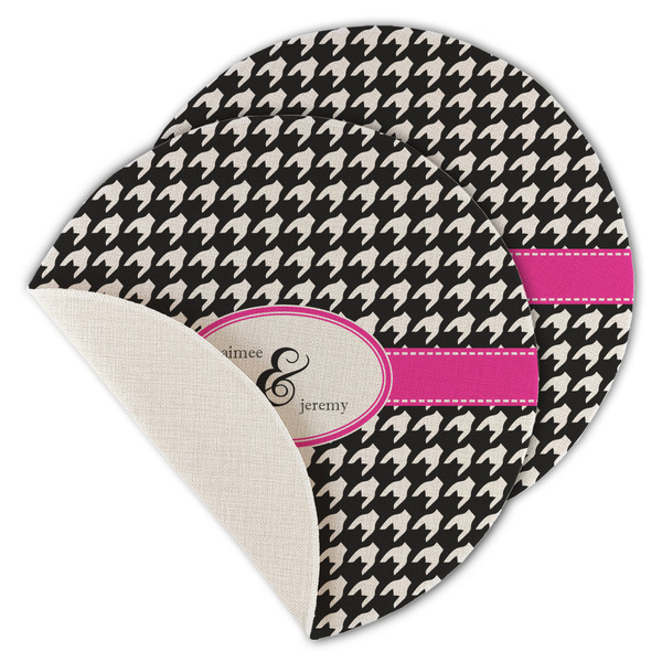 Custom Houndstooth w/Pink Accent Round Linen Placemat - Single Sided - Set of 4 (Personalized)