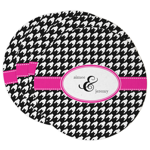 Custom Houndstooth w/Pink Accent Round Paper Coasters w/ Couple's Names