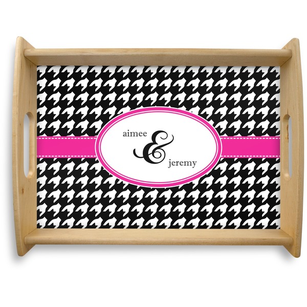 Custom Houndstooth w/Pink Accent Natural Wooden Tray - Large (Personalized)