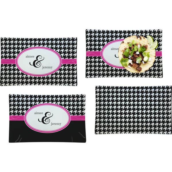 Custom Houndstooth w/Pink Accent Set of 4 Glass Rectangular Lunch / Dinner Plate (Personalized)