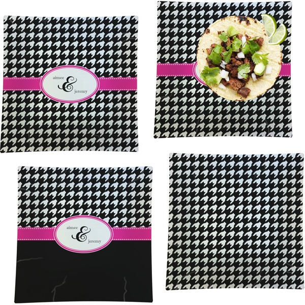 Custom Houndstooth w/Pink Accent Set of 4 Glass Square Lunch / Dinner Plate 9.5" (Personalized)