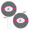 Houndstooth w/Pink Accent White Plastic 5.5" Stir Stick - Double Sided - Round - Front & Back