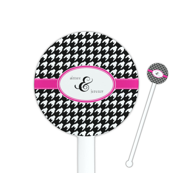 Custom Houndstooth w/Pink Accent 5.5" Round Plastic Stir Sticks - White - Double Sided (Personalized)