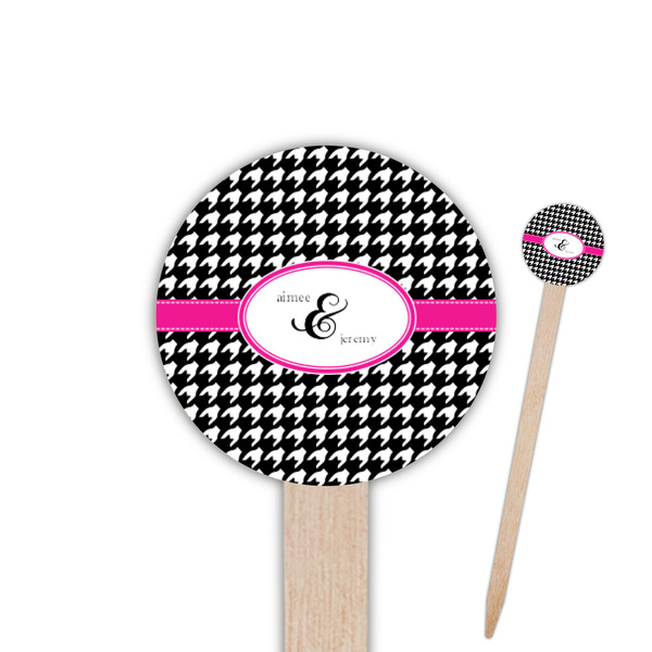 Custom Houndstooth w/Pink Accent 6" Round Wooden Food Picks - Double Sided (Personalized)