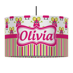 Pink Monsters & Stripes 12" Drum Pendant Lamp - Fabric (Personalized)