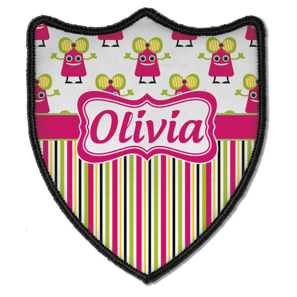 Custom Pink Monsters & Stripes Iron On Shield Patch B w/ Name or Text