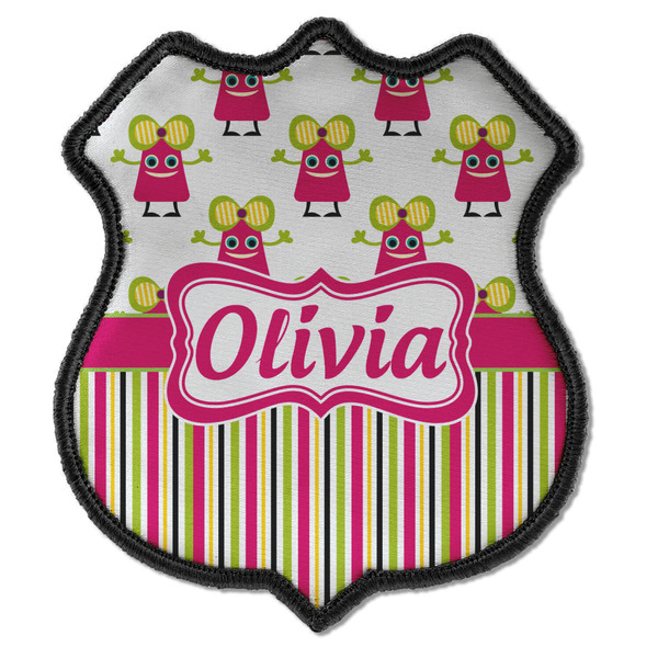 Custom Pink Monsters & Stripes Iron On Shield Patch C w/ Name or Text