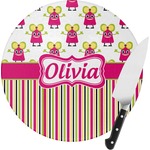 Pink Monsters & Stripes Round Glass Cutting Board - Small (Personalized)