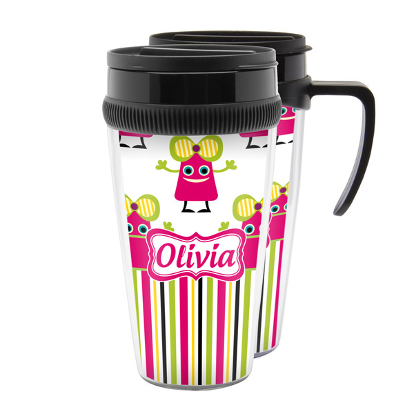 Custom Pink Monsters & Stripes Acrylic Travel Mug (Personalized)