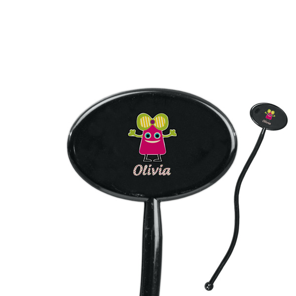 Custom Pink Monsters & Stripes 7" Oval Plastic Stir Sticks - Black - Double Sided (Personalized)