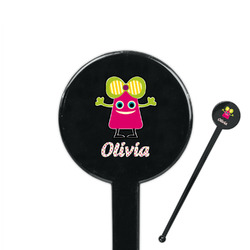 Pink Monsters & Stripes 7" Round Plastic Stir Sticks - Black - Single Sided (Personalized)