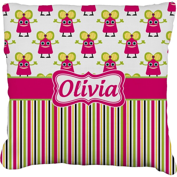 Custom Pink Monsters & Stripes Faux-Linen Throw Pillow 18" (Personalized)