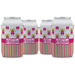 Pink Monsters & Stripes Can Cooler (12 oz) - Set of 4 w/ Name or Text