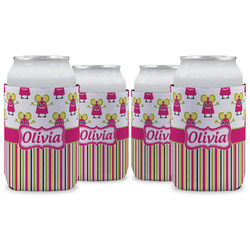 Pink Monsters & Stripes Can Cooler (12 oz) - Set of 4 w/ Name or Text