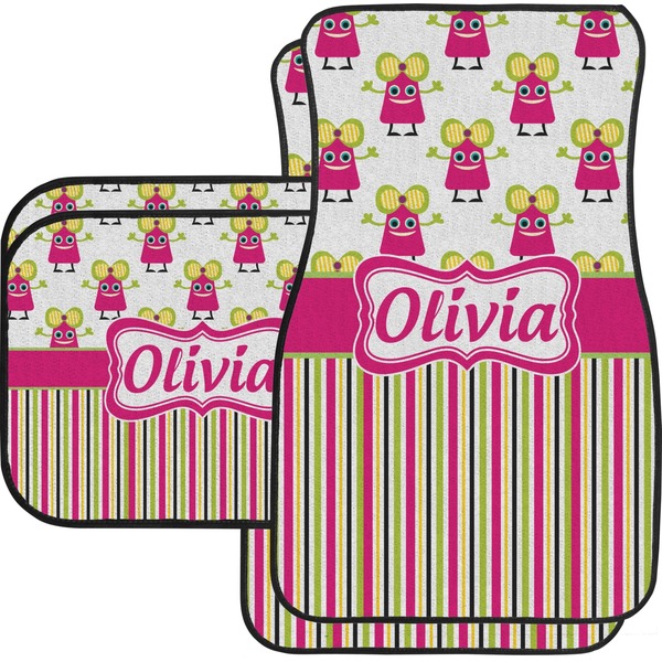 Custom Pink Monsters & Stripes Car Floor Mats Set - 2 Front & 2 Back (Personalized)