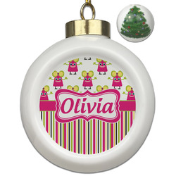 Pink Monsters & Stripes Ceramic Ball Ornament - Christmas Tree (Personalized)