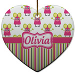 Pink Monsters & Stripes Heart Ceramic Ornament w/ Name or Text