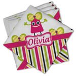 Pink Monsters & Stripes Cloth Cocktail Napkins - Set of 4 w/ Name or Text