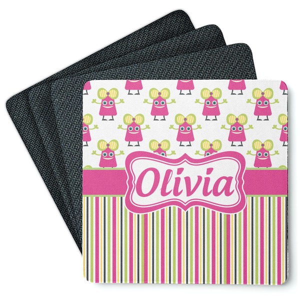 Custom Pink Monsters & Stripes Square Rubber Backed Coasters - Set of 4 (Personalized)