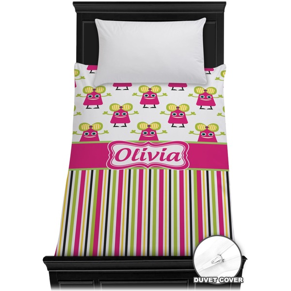 Custom Pink Monsters & Stripes Duvet Cover - Twin (Personalized)