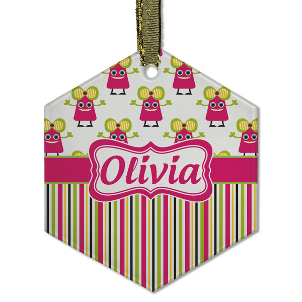 Custom Pink Monsters & Stripes Flat Glass Ornament - Hexagon w/ Name or Text