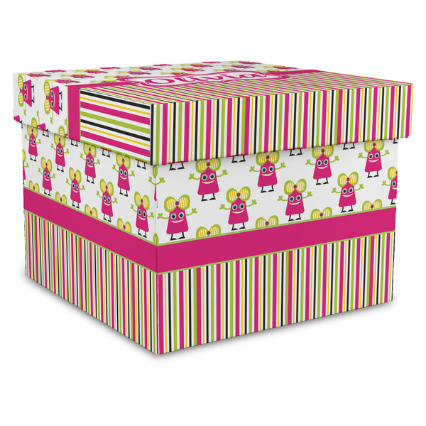 Custom Pink Monsters & Stripes Gift Box with Lid - Canvas Wrapped - X-Large (Personalized)