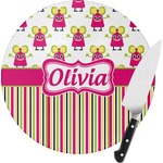 Pink Monsters & Stripes Round Glass Cutting Board (Personalized)