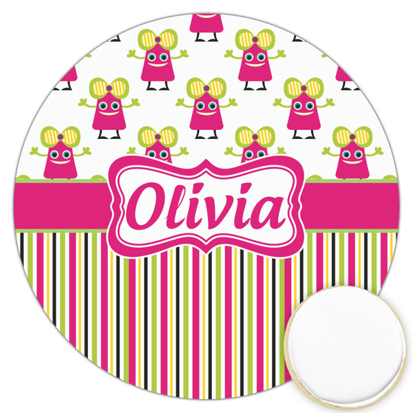 Custom Pink Monsters & Stripes Printed Cookie Topper - 3.25" (Personalized)