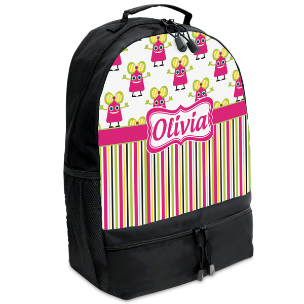 Custom Pink Monsters & Stripes Backpacks - Black (Personalized)