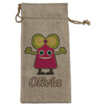 Pink Monsters & Stripes Large Burlap Gift Bag - Front (Personalized)