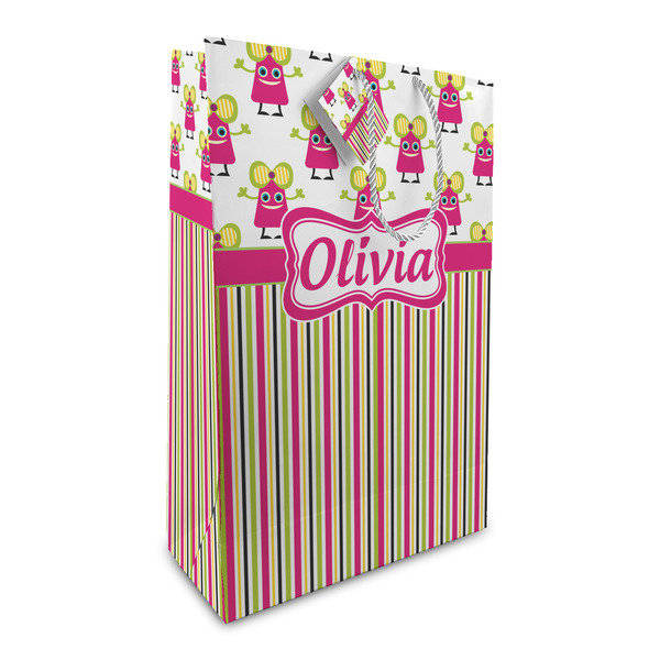 Custom Pink Monsters & Stripes Large Gift Bag (Personalized)