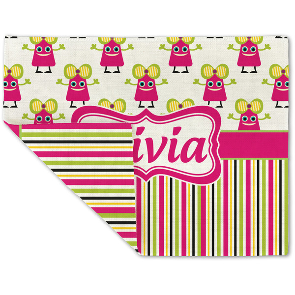 Custom Pink Monsters & Stripes Double-Sided Linen Placemat - Single w/ Name or Text