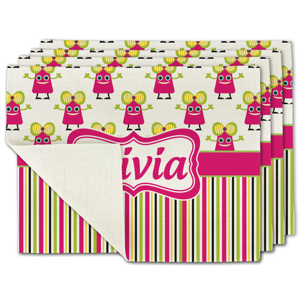 Custom Pink Monsters & Stripes Single-Sided Linen Placemat - Set of 4 w/ Name or Text