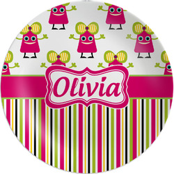 Pink Monsters & Stripes Melamine Plate (Personalized)