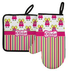 Pink Monsters & Stripes Left Oven Mitt & Pot Holder Set w/ Name or Text