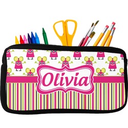 Pink Monsters & Stripes Neoprene Pencil Case - Small w/ Name or Text