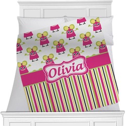 Pink Monsters & Stripes Minky Blanket - Twin / Full - 80"x60" - Single Sided (Personalized)
