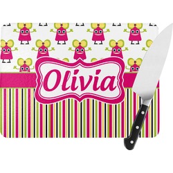 Pink Monsters & Stripes Rectangular Glass Cutting Board - Large - 15.25"x11.25" w/ Name or Text