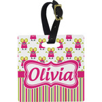 Pink Monsters & Stripes Plastic Luggage Tag - Square w/ Name or Text