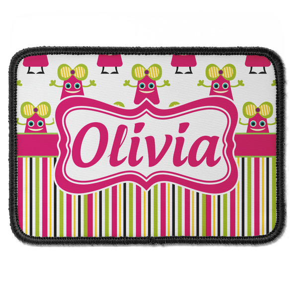 Custom Pink Monsters & Stripes Iron On Rectangle Patch w/ Name or Text