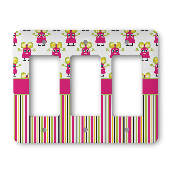 Custom Pink Monsters & Stripes Rocker Style Light Switch Cover - Three Switch