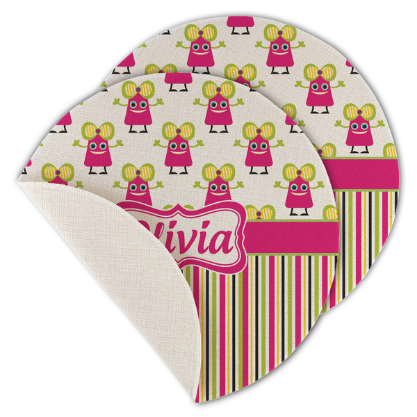 Custom Pink Monsters & Stripes Round Linen Placemat - Single Sided - Set of 4 (Personalized)